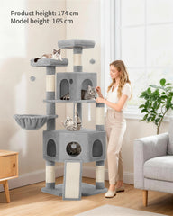 Cat Tree for Indoor Cats, 174cm Cat Tower for Large Cats, 2 Platforms, 2 Caves, 4 Sisal Posts, Scratching Board, Cat Basket
