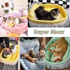 Cute Lace-Trimmed Pet Cat Princess Sofa Bed For Four Seasons Washable and Removable Soft Plush Oval for Small Dogs/Cats
